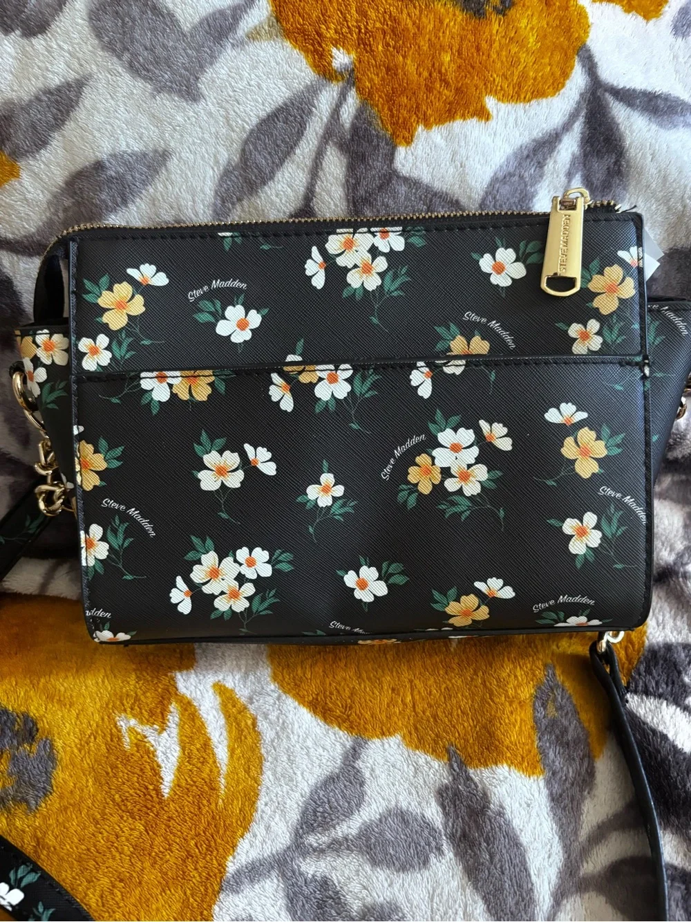 Steve Madden Black Floral Crossbody Bag with Gold Logo